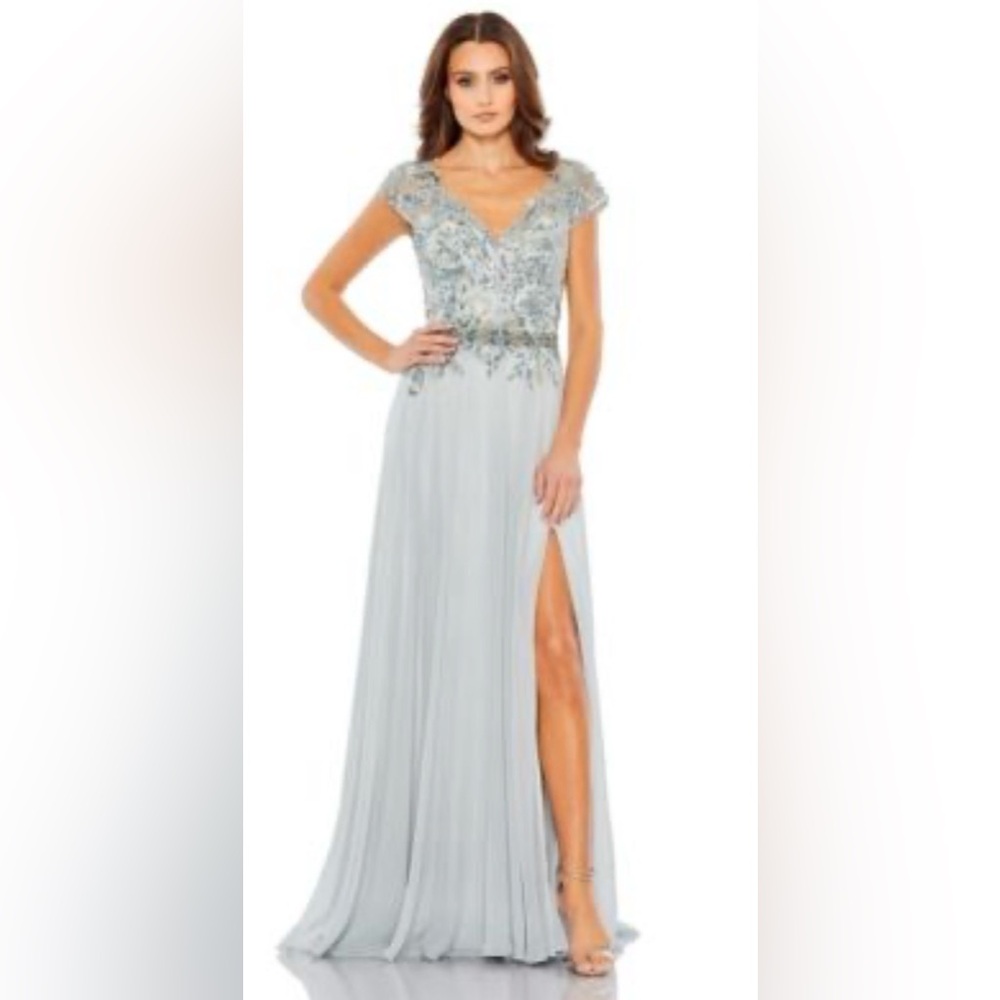 Mac Duggal Silver/Blue Beaded V-Neck Evening Gown with Thigh Slit